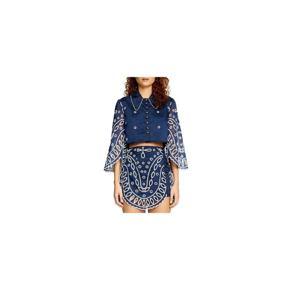 ALICE MCCALL Womens Navy Semi-sheer Unlined Bell Sleeve Collared Button Up Top 2
